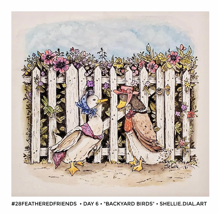 Watercolor of two geese standing in front of picket fence and flowers
