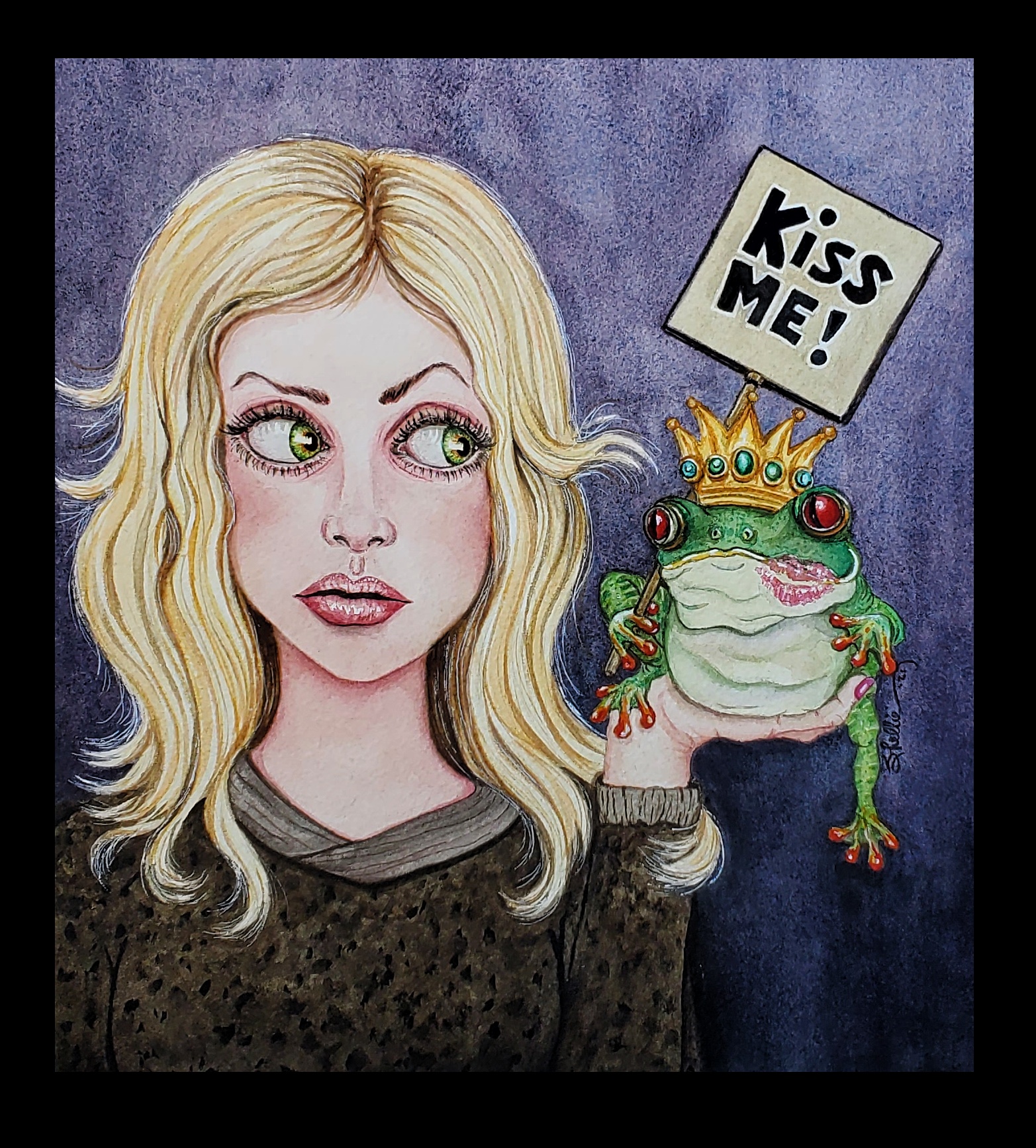 "Questionable Decisions", artwork of woman and frog for book cover