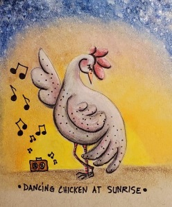 Whimsical illustration of a chicken dancing to radio music at sunrise