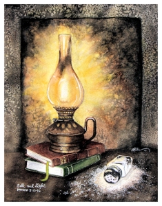 Watercolor illustration of a lit oil lamp atop two books with a spilled salt shaker