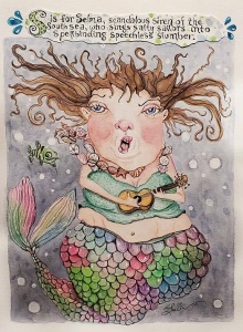 Whimsical illustration of a rotund mermaid playing a tiny guitar