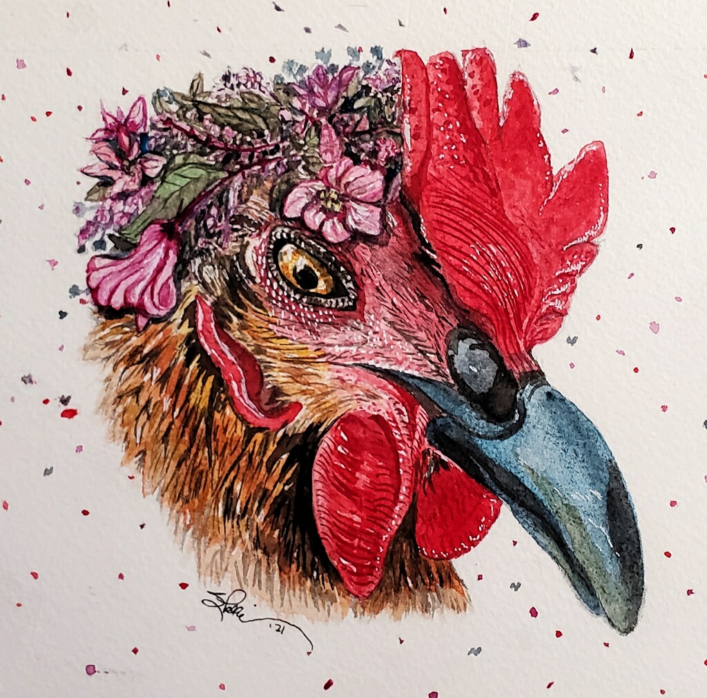 Illustration of a rooster’s head; some feathers drawn as small flowers.