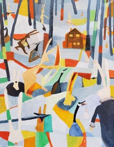 “Hunted” (Cabin in the Woods series) painting with animals approaching a cabin