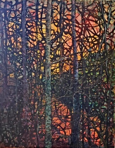 “Complicated Woods,” acrylic painting of trees with many branches and twigs