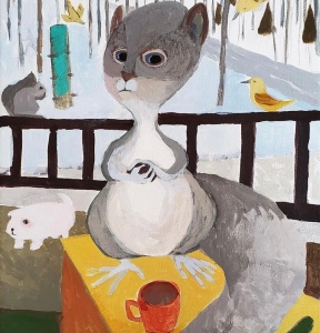 “Squirrel with Prize” painting of squirrel with small object