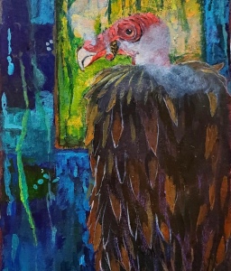 “Sorry, Not Sorry” 
(Cabin in the Woods series) painting of turkey vulture smoking a cigar